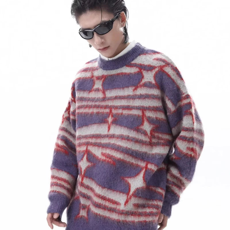 japanese hip hop sweater set men contrast zebra pattern round neck knit top splicing distressed loose jeans 2 pcs harajuku suit stacked flare jeans