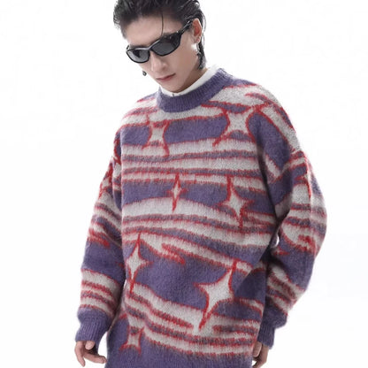 japanese hip hop sweater set men contrast zebra pattern round neck knit top splicing distressed loose jeans 2 pcs harajuku suit stacked flare jeans