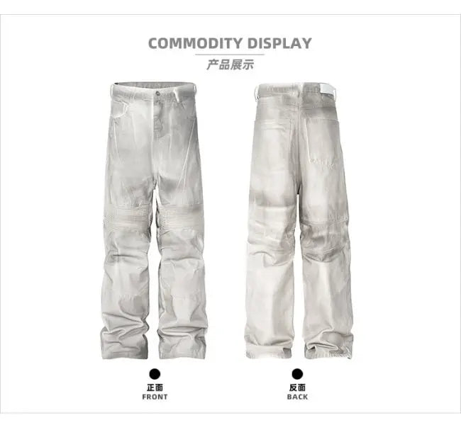 pleat patchwork dir wash racing pants mngu washed distressed white straight overalls dirfit loose trousers unique default style 1340
