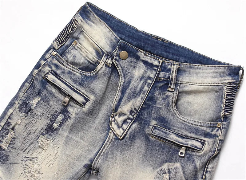 distressed washed pleated denim jean pants new fashion biker jeans streetwear casual slim pants jogger y2k mens skinny joggers unique joggers style 3135