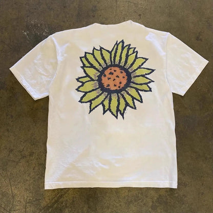 Heavy cotton American retro summer sunflower print short-sleeved T-shirt men's and women's trendy brand ins loose round neck top Street King Limited