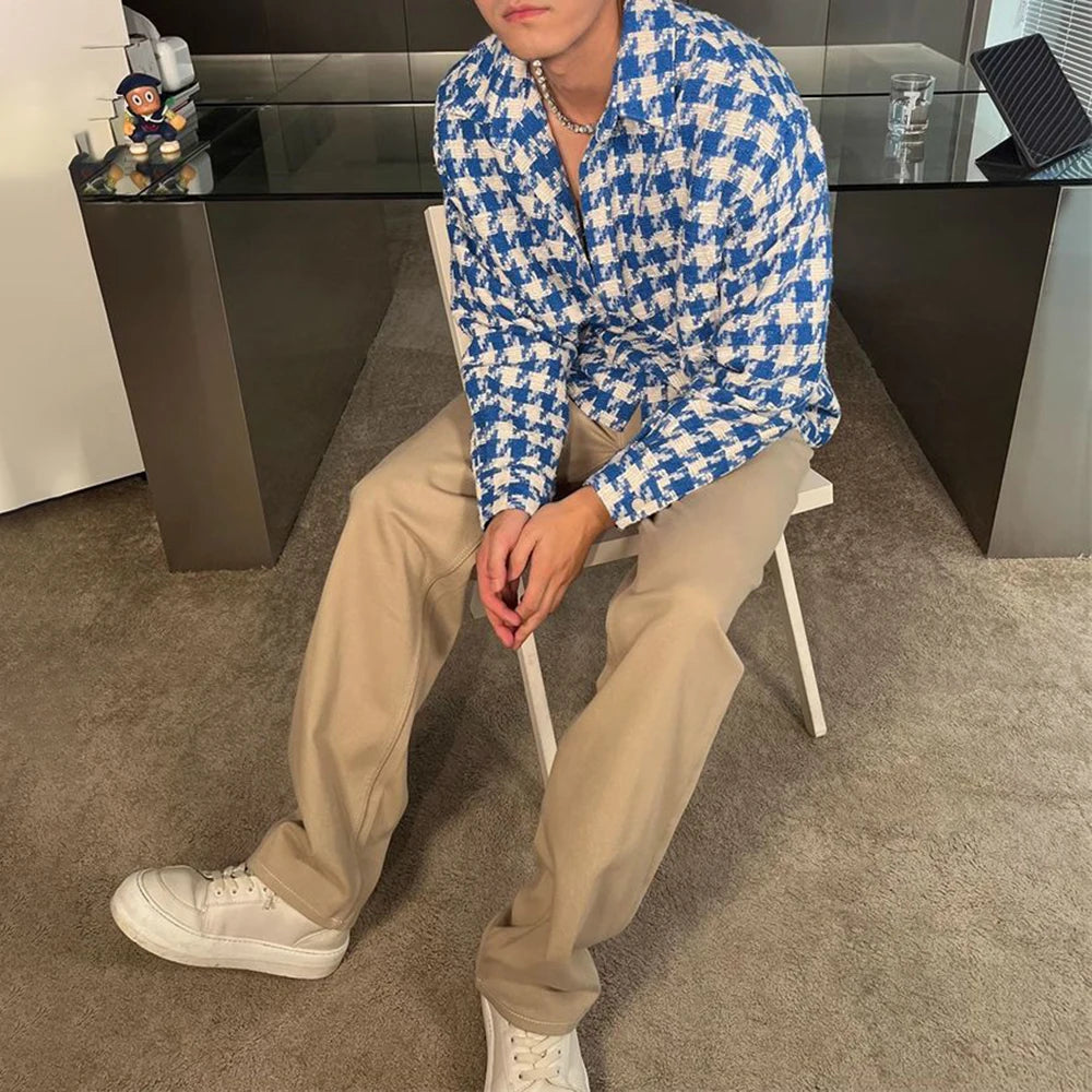 2024 Spring New Simple Versatile Fashionable Blue Houndstooth Woolen Shirt Style Genderless Casual Unisex Long-Sleeved Shirt Street King Limited