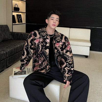 men palace style retro jacquard flower fashion show loose jacket man party dress vintage coat costumes spring autumn clothes urban fashion pants