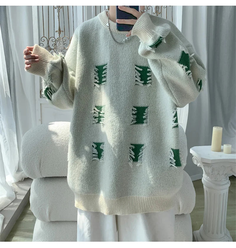 2025 New Ripped Design Crewneck Sweater For Men High Street Patchwork Knitted Jumpers Y2K Vintage Christmas Knitwear Pullovers Street King Limited