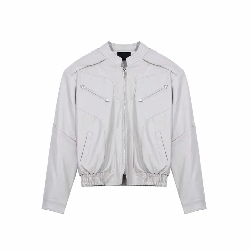 short pu leather jacket men shoulder pad stand collar trend bomber outwear 2023 korean streetwear zipper unisex motorcycle coat unique shorts style 2322