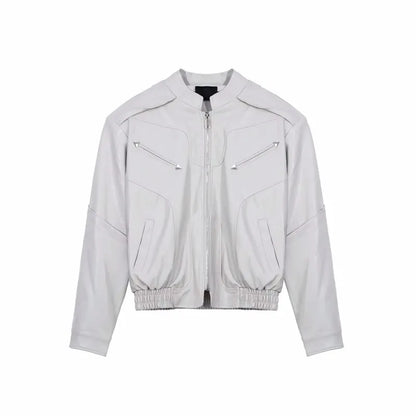 short pu leather jacket men shoulder pad stand collar trend bomber outwear 2023 korean streetwear zipper unisex motorcycle coat unique shorts style 2322