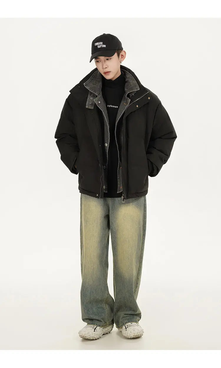 Winter Splice Denim Cotton-padded Jacket Men Women Stand Collar Fashion Loose Casual Thicken Warm Parkas Jacket Boyfriend Coat Street King Limited