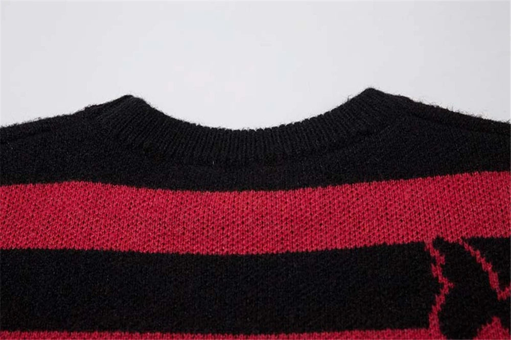 2023 Hip Hop Striped Knitted Sweater Streetwear Butterfly Graphic Distressed Ripped Pullover Men Harajuku Casual Knitwear Unisex Street King Limited