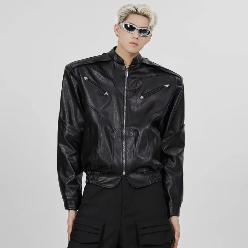 short pu leather jacket men shoulder pad stand collar trend bomber outwear 2023 korean streetwear zipper unisex motorcycle coat techwear shorts