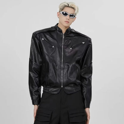 short pu leather jacket men shoulder pad stand collar trend bomber outwear 2023 korean streetwear zipper unisex motorcycle coat techwear shorts