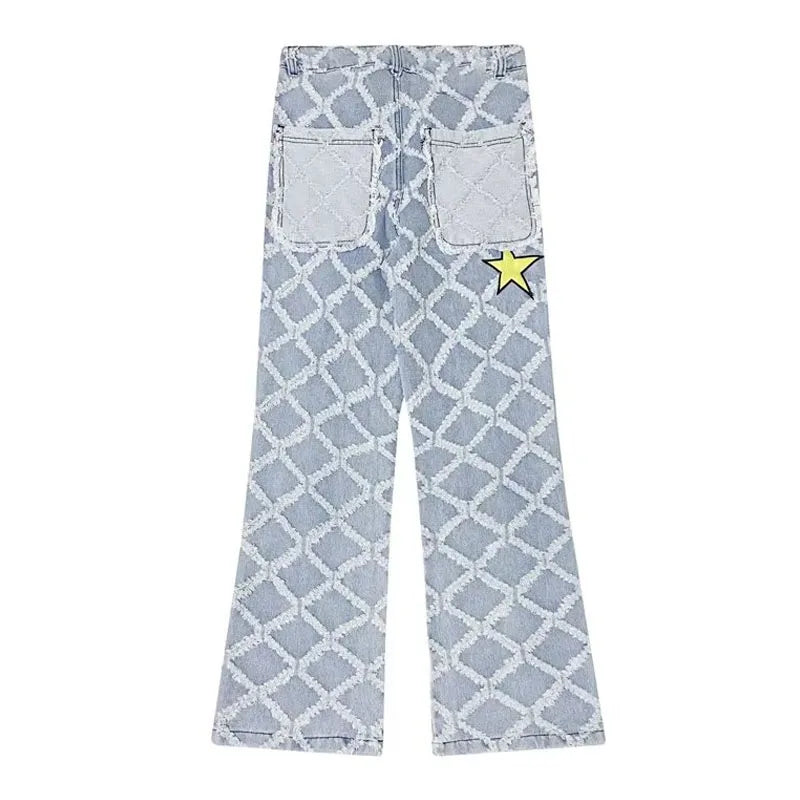 Y2K Star Embroidery Plaid Stacked Jeans Pants for Men Straight Women Hip Hop Denim Trousers Pantalon Homme Street Raw Edge Pant Street King Limited
