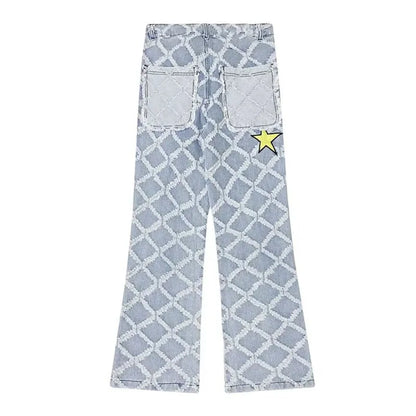 Y2K Star Embroidery Plaid Stacked Jeans Pants for Men Straight Women Hip Hop Denim Trousers Pantalon Homme Street Raw Edge Pant Street King Limited