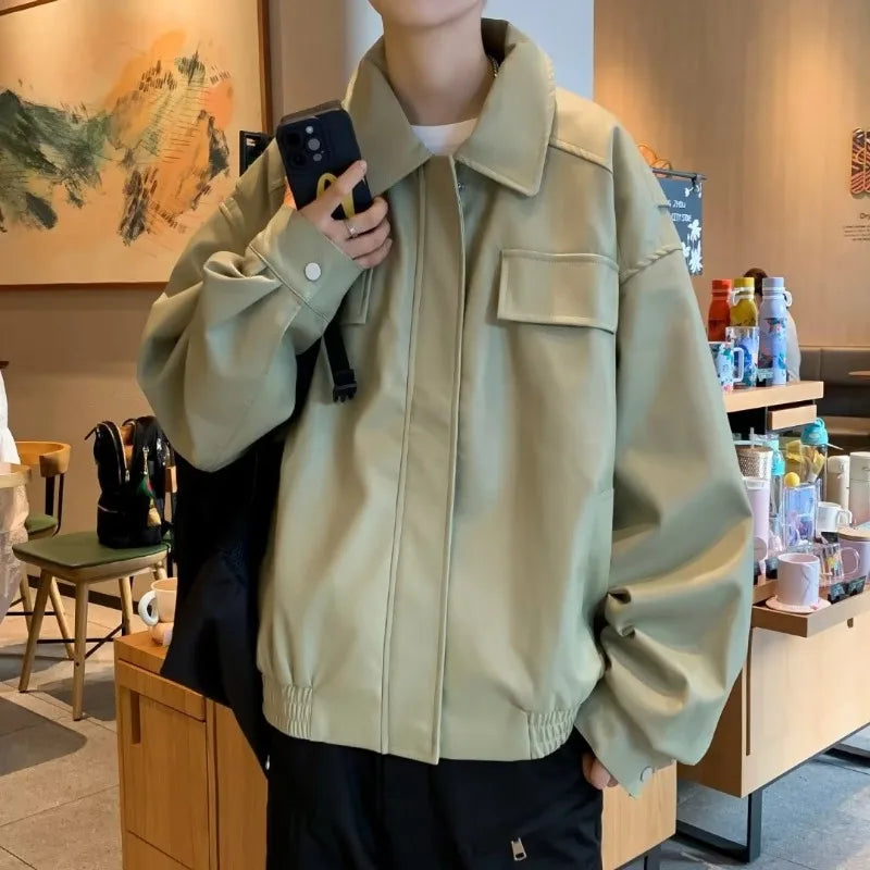 american motorcycle pu leather jacket mens 2024 new streetwear street hip hop trend coats spring new multi pocket lapel outwear unique default style 2893