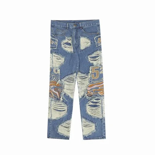 fashion embroidery destroyed ripped tassel holes denim jean pants mens casual loose straight jeans hip hop streetwear joggers unique joggers style 3324