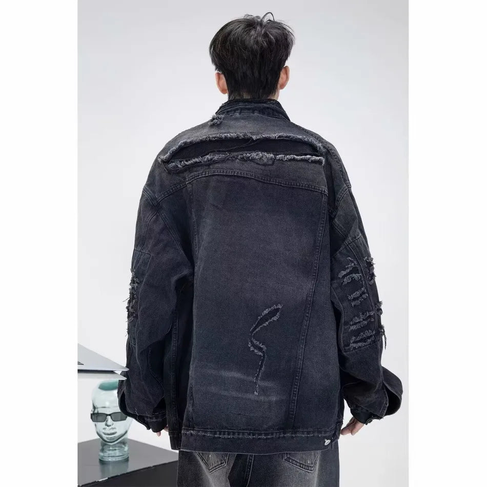 high street washed denim jacket mens trends new spring streetwear single breasted casual hip hop coats loose cowboy outwear unique jeans style 4006