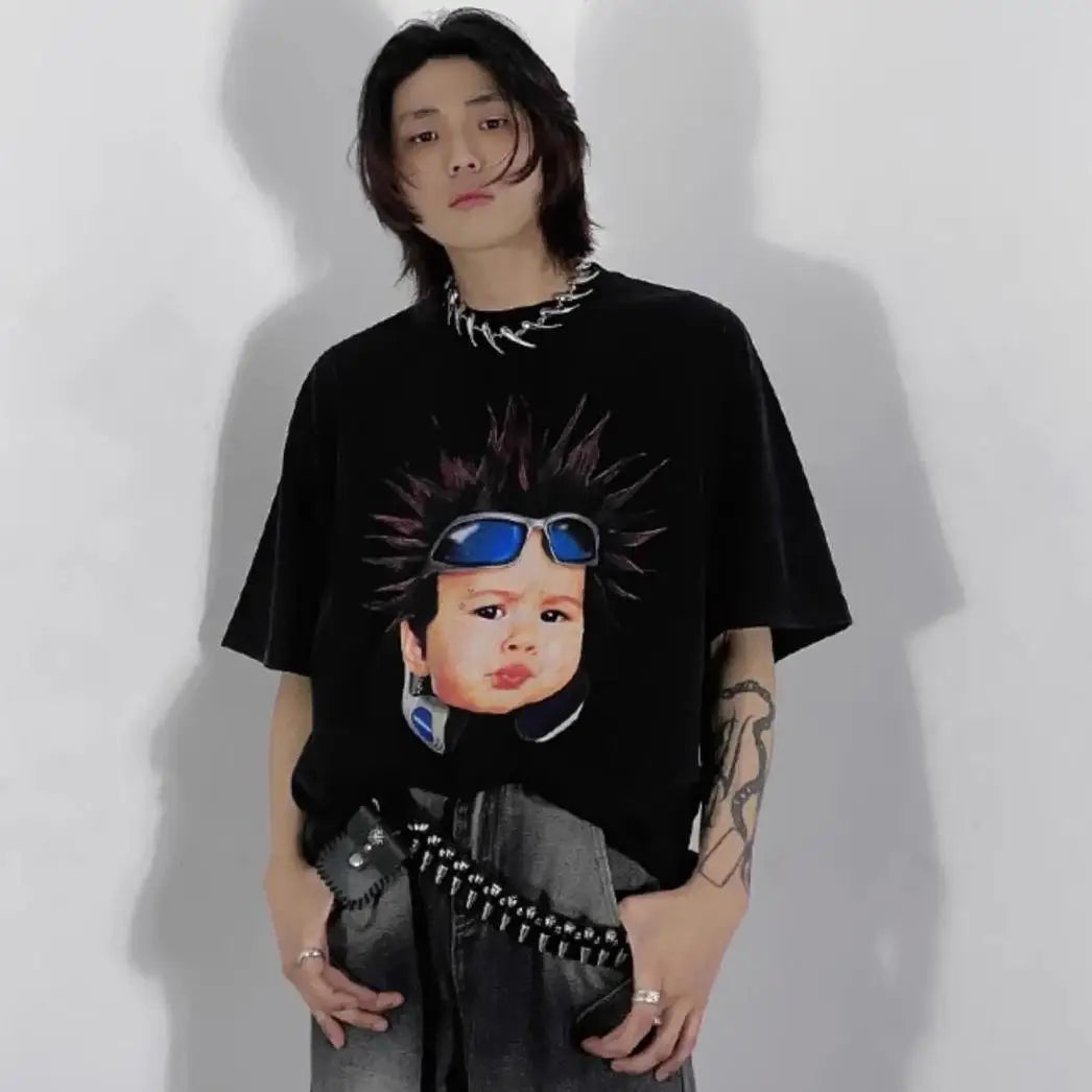 Korean pure cotton printed short-sleeved T-shirt for men and women creative angel hip-hop street Y2K loose half sleeved top Street King Limited