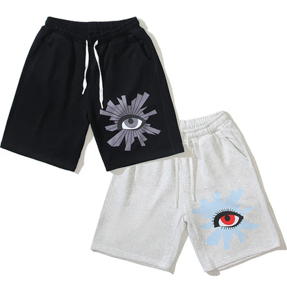 Streetwear Summer Retro Big Eyes Print Drawstring Casual Sport Shorts for Men and Women Wide Leg Baggy Five Point Pants Oversize Street King Limited