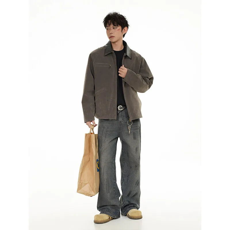 2025 american streetwear retro leather collar bomber jacket men loose casual fashion short cargo jacket spring autumn coat combat utility trousers