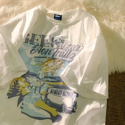 Pure cotton Japanese milk yellow cartoon car print short-sleeved T-shirt for men and women trendy loose and versatile clothes Street King Limited