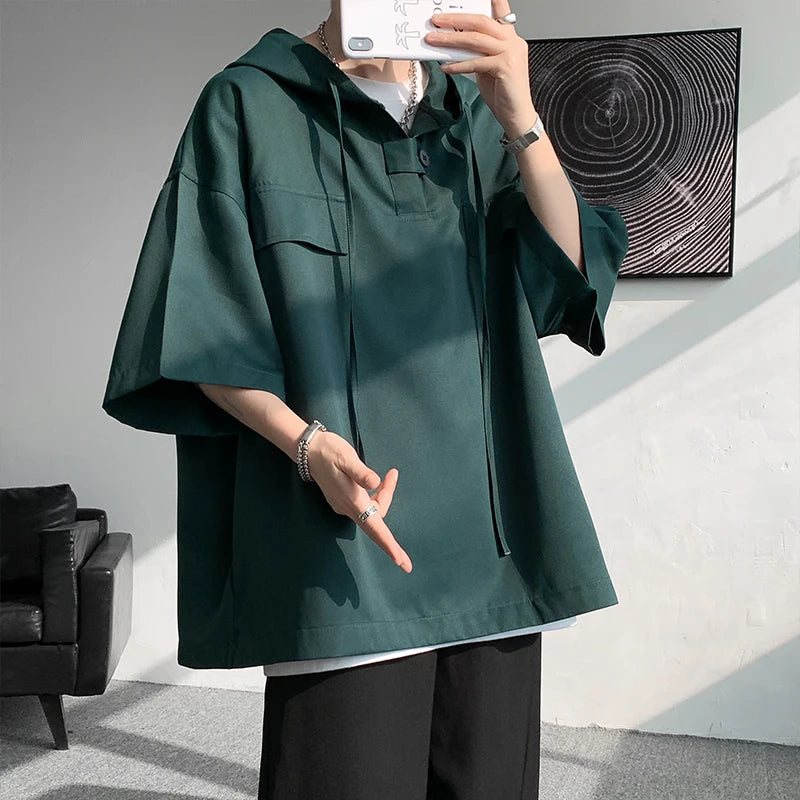 5 Colors Summer Hooded T shirt Men Korean Half Sleeve Pullover Streetwear Loose T-shirt Tops Drawstring Men Clothing Street King Limited