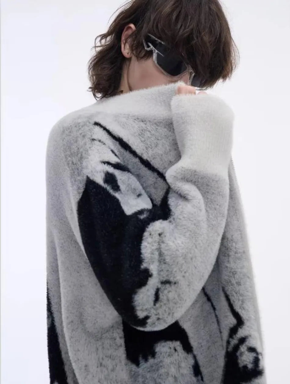 Color Blocked Gradient Cardigan Mens Imitation Mink Fur Jacquard Trend Couple Knitted Jacket Zipper High Street Sweater Coats Street King Limited