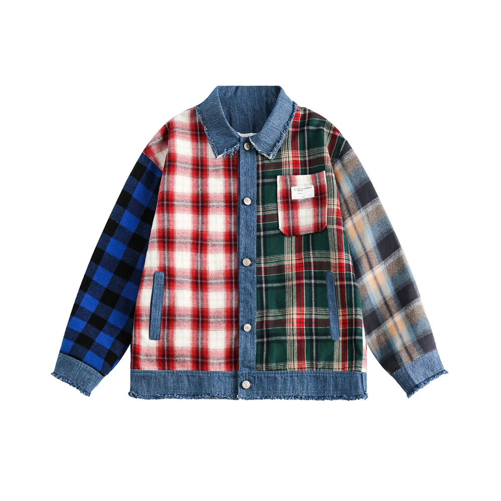 men hip hop denim jacket plaid patchwork oversized harajuku y2k unisex jeans jackets 2023 man fashion causal jacket outwear unique jeans style 1399