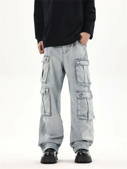 2024 multi pocket jeans vintage mens harajuku cargo denim pants retro hip hop straight loose jean pants unique cargo style 1003