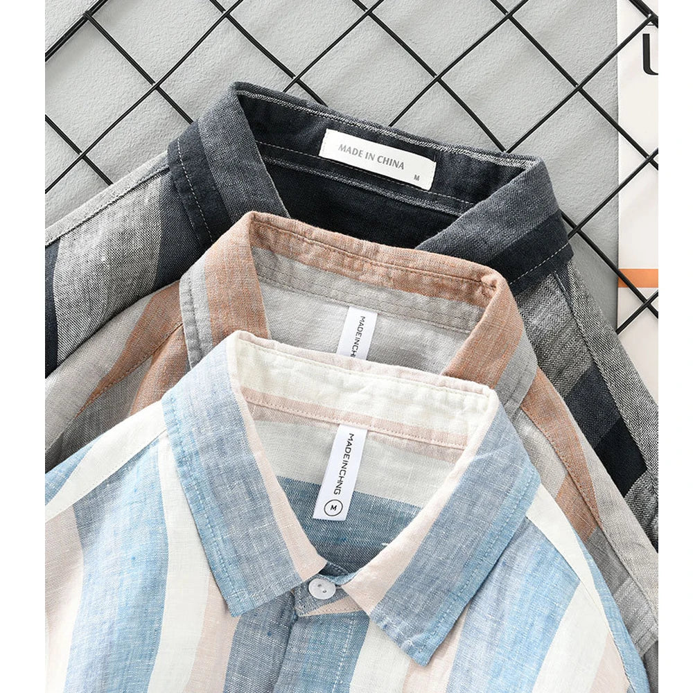 Linen Vertical Striped Long-Sleeved Shirt Men's Summer Thin Breathable Three-Quarter Sleeve Cotton And Linen Artistic Shirt Street King Limited