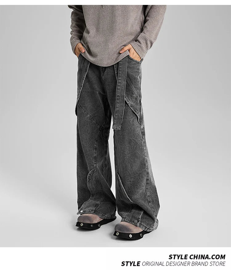 american high street vibe fashion splice jeans mens belt loose casual vintage wide leg straight denim baggy jeans pants trouser unique jeans style 1381