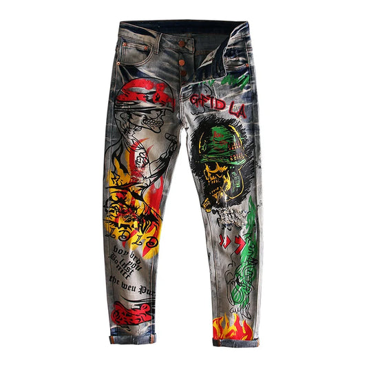skull graffiti printed ripped denim jeans hip hop distressed biker jeans fashion streetwear slim pants joggers y2k men s jeans unique joggers style 4776
