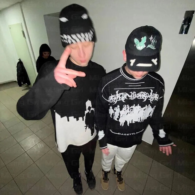 Hip Hop Streetwear Knitted Sweater Men Women Gothic Hassett Pattern Oversized Sweater Pullover Winter Harajuku Cotton sweater Street King Limited