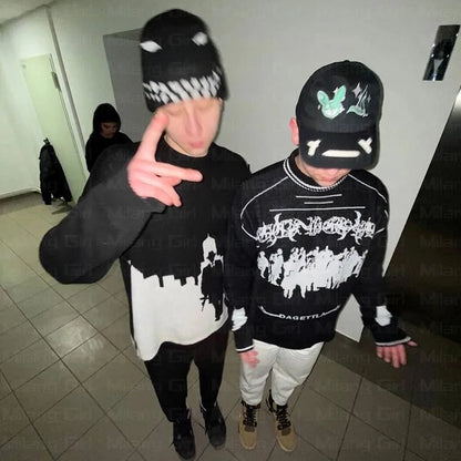 Hip Hop Streetwear Knitted Sweater Men Women Gothic Hassett Pattern Oversized Sweater Pullover Winter Harajuku Cotton sweater Street King Limited