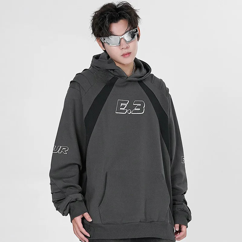 Men Sports Hoodie Multi-fold Shoulder Stitching Hooded Sweatshirt Y2K Hip Hop Patchwork Streetwear Loose Casual Pullover Unisex Street King Limited