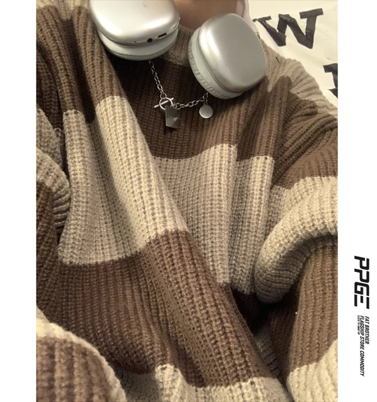 2023 striped sweaters lazy mens knitwear autumn and winter new outerwear trendy brand high end thread clothing men pullover relaxed fit trousers