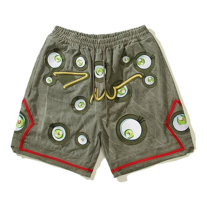 Japanese Eyes Embroidery Washed Military Green Worn Canvas Shorts for Men Summer Pockets Baggy Cargo Short Oversized Street King Limited