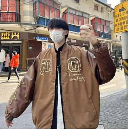 american retro mens baseball uniform street harajuku patchwork leather loose jackets color block towel embroidery trend coats unique default style 2928