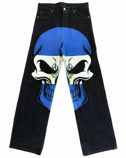 harajuku retro y2k pants gothic skateboard jeans skull denim print loose slouchy jeans men women pants streetwear hip hop jeans unique jeans style 4002