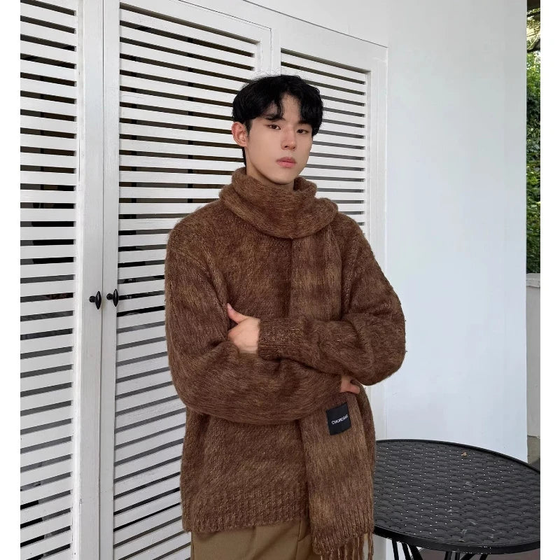 Autumn Warm Sweater Mens Korean Street Simplicity Round Neck Pullover+Solid Color Scarf Two-piece Set Casual Knitted Tops Trend Street King Limited