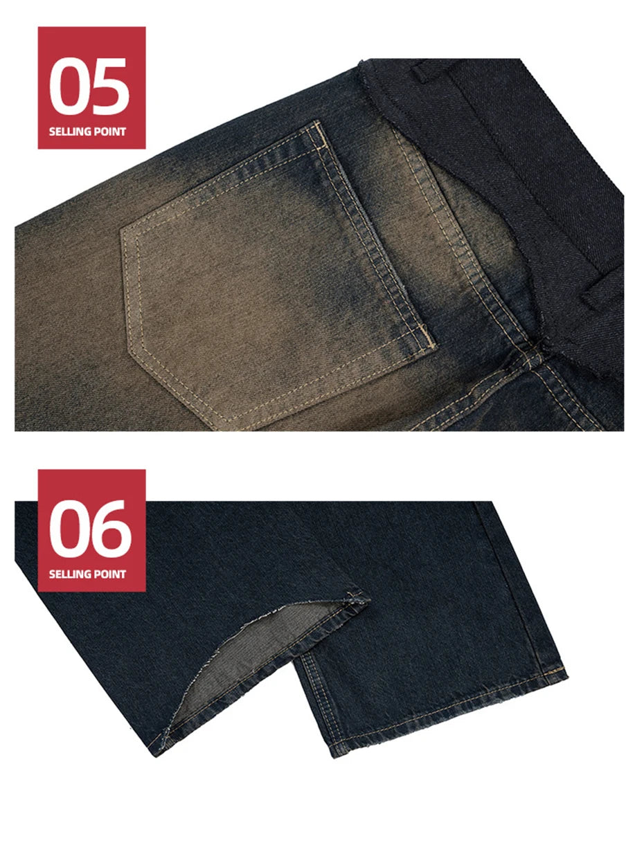 men vintage blue jeans luxury designer patchwork baggy denim pants loose straight jeans trousers unique jeans style 4483