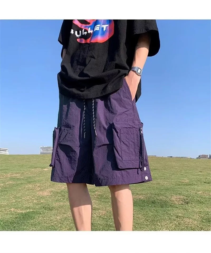 summer casual purple cargo shorts men high street drawstring pocket baggy short sweatpants y2k hip hop bermudas homme shorts unique joggers style 162