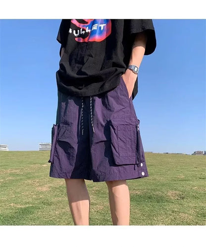 summer casual purple cargo shorts men high street drawstring pocket baggy short sweatpants y2k hip hop bermudas homme shorts unique joggers style 162