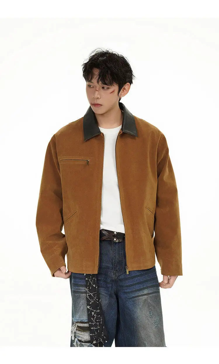 2025 american streetwear retro leather collar bomber jacket men loose casual fashion short cargo jacket spring autumn coat unique cargo style 445