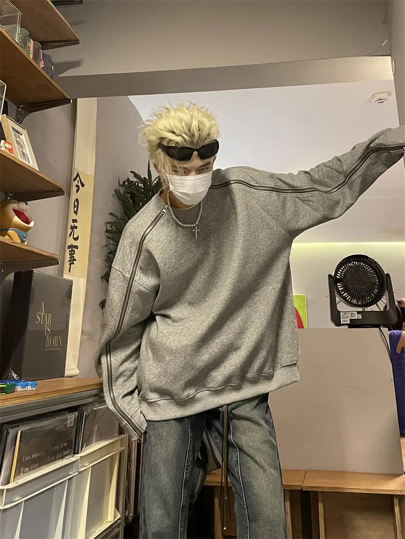 New Retro Zipper Design O-neck Sweatshirts For Men Autumn Y2K Streetwear Gray Pullover Hoodies Loose Hip Hop Fashion Sweat-shirt Street King Limited