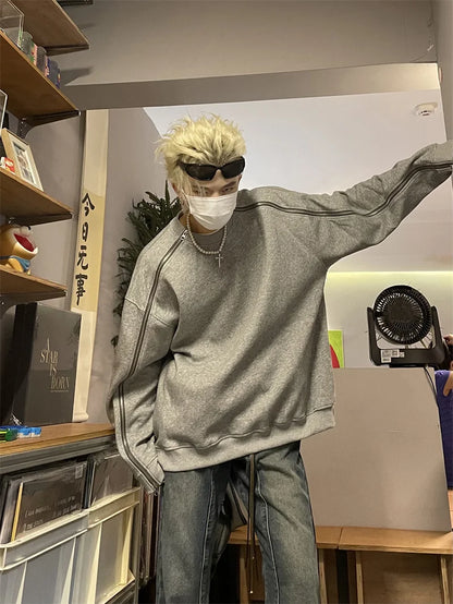 New Retro Zipper Design O-neck Sweatshirts For Men Autumn Y2K Streetwear Gray Pullover Hoodies Loose Hip Hop Fashion Sweat-shirt Street King Limited