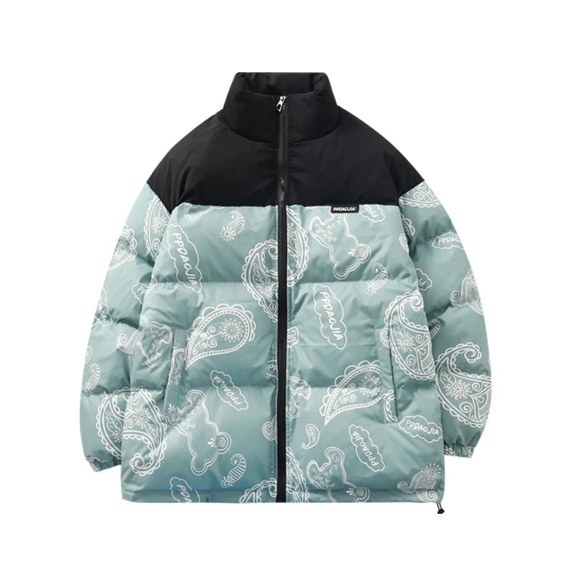 Men Japanese Streetwear Puffer Jackets 2023 Winter Mens Full Print Fashions Bubble Coat Couple Patchwork Thick Parkas Street King Limited