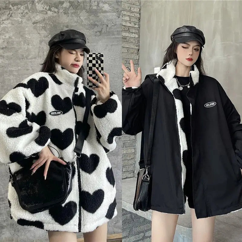 2024 autumn and winter new love lambswool cotton padded jacket double sided collar jacket couple loose jacket warm jacket y2k clean everyday pants