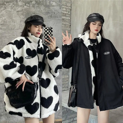 2024 autumn and winter new love lambswool cotton padded jacket double sided collar jacket couple loose jacket warm jacket y2k clean everyday pants