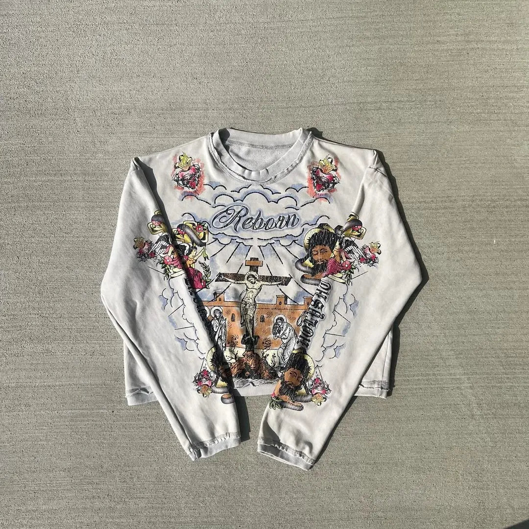 European and American Harajuku Retro Streetwear Gothic Punk Style Letter Print Long-sleeved Men Hip-hop Trend Oversized T-shirt Street King Limited