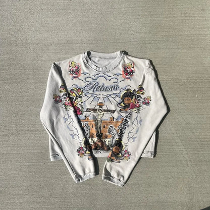 European and American Harajuku Retro Streetwear Gothic Punk Style Letter Print Long-sleeved Men Hip-hop Trend Oversized T-shirt Street King Limited
