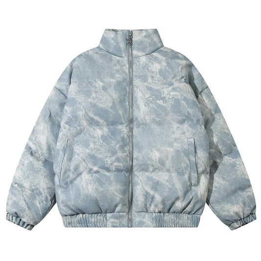 Men Padded Jacket Tie Dye Thickened Stand Collar Bubble Coat American Street Retro Parka Loose Casual Warm Outwear Unisex Street King Limited
